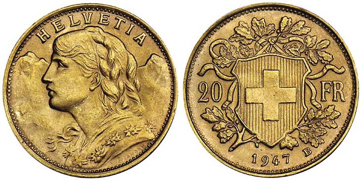 SUISSE, AV 20 francs, type Vreneli. 1947. Photo Stack's
